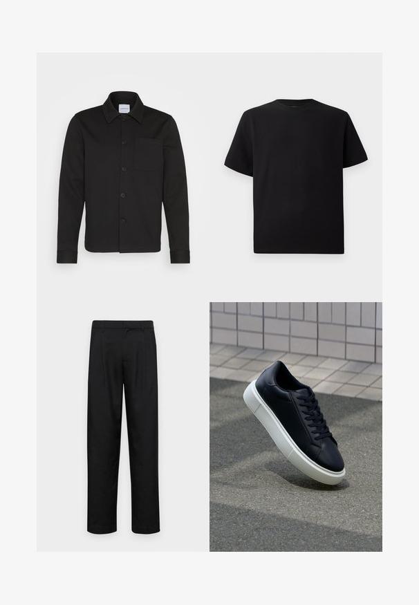Črna jakna z gumbi, izdelana iz gladkega blaga, z ovratnikom, sprednjim žepom in manšetami. Brez vidnih vzorcev ali dodatkov.; Črna kratka majica s kratkimi rokavi, izdelana iz teksturirane tkanine, z okroglim izrezom in sproščenim krojem. Preprosta, brez vzorcev ali dodatkov.; Črne hlače iz gladkega materiala, s krojem ravne noge, dvema sprednjima pregiboma in standardnim pasom z zankami za pas.; Črne usnjene superge z zaobljenim prstom in belim gumijastim podplat. Imajo ravne vezalke in minimalno šivanje na zgornjem delu. Teksturirani podplat za oprijem.
