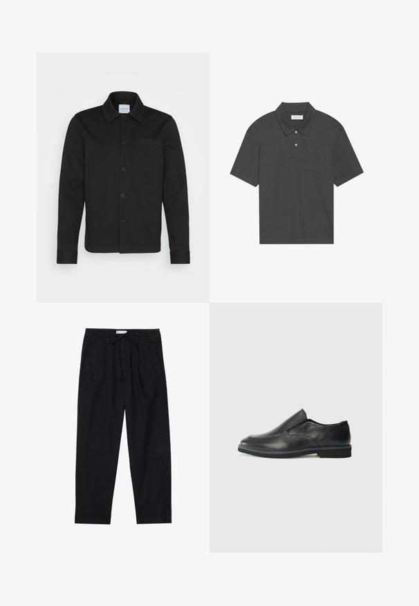 Črna jakna z gumbi, izdelana iz gladkega blaga, z ovratnikom, sprednjim žepom in manšetami. Brez vidnih vzorcev ali dodatkov.; Temno siva polo majica s tradicionalnim ovratnikom, tri gumbe zapenjanja, kratkimi rokavi in žepom na levi strani prsnega dela. Gladka tekstura tkanine.; Pier One Hlače chino - black; Črne usnjene natikače z gladkim zgornjim delom, prišitimi detajli, zaobljenim nosom in nizkim gumijastim petkom. Podplat ima minimalen profil.