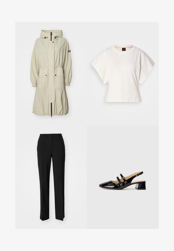 Palton ușor de culoare bej deschis, cu glugă, manșete elastice, talie cu șnur, două buzunare frontale și închidere cu fermoar. Țesătură texturată.; Tricou alb scurt, cu mâneci scurte și largi, din bumbac moale, cu decolteu rotund și un finisaj subtil portocaliu, design minimalist, fără modele sau grafice.; Pantaloni negri tailor-ed cu un design drept, având o textură fină și cute clare pe față. Fără elemente de prindere vizibile.; Pantoful slingback din piele lacuită neagră, cu vârf ascuțit, detaliu cu două bareturi, accente circulare aurii și toc mic pătrat.