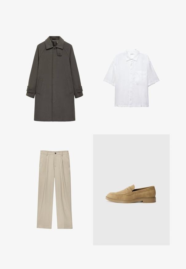 Grå uldfrakke med høj krave, raglanærmer, sidelommer og knapdetalje på kraven. Glat tekstur og mellemlangt design.; Hvid kortærmet skjorte med knaplukning foran, krave og en enkelt brystlomme. Fremstillet af letvægtsstof med en glat overflade.; Beige bukser med lige snit, der har en enkelt sort knap, bæltestropper og sidelommer. Glat stoftekstur og minimalistisk design.; Tan ruskindsloafers med rund tå, lav blokhæl og syet detaljering på overdelen. Glat overflade og minimalistisk design.