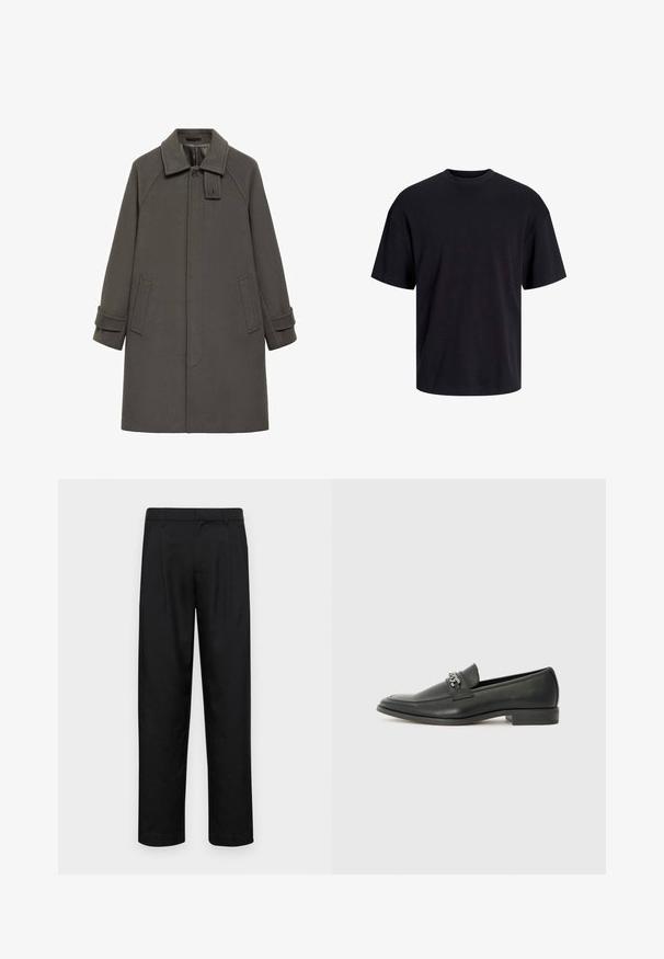 Grau wollener Mantel mit hohem Kragen, Raglanärmeln, seitlichen Taschen und Knopfdetails am Kragen. Glatte Textur und mittellanges Design.; Schwarzes Baumwoll-T-Shirt mit Rundhalsausschnitt, kurzen Ärmeln und lässiger Passform. Glatte Oberflächenstruktur und keine sichtbaren Muster oder Akzente.; Schwarze Hose aus glattem Stoff, mit geradem Bein Design, zwei vorderen Falten und einem Standardbund mit Gürtelschlaufen.; Schwarzer Lederloafer mit glatter Oberfläche, ausgestattet mit einer gesteppten Gestaltung und einem dekorativen Metallkettendetail über dem Vorderblatt. Flacher Absatz.