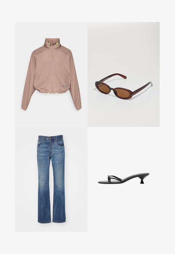Svijetlo smeđa skraćena jakna s visokim ovratnikom, zatvaranjem na patentni zatvarač, žutim ušicama i elastičnim manžetama. Glatka, teksturirana tkanina s bočnim džepovima.; Jeans srajca v srednji modri barvi z dolgimi rokavi, z gumbnim zapiranjem spredaj, s koničastim ovratnikom in dvema žepoma na prsih. Mehka tekstura s standardnim krojem.; Modre jeans z razširjenimi hlačnicami, srednje oprane, z visokim pasom, zankami za pas in sprednjimi žepi. Gladka tekstura z minimalnim obrabljenjem.; Črne sandale na visoki peti z eleganco, tankimi trakci in edinstveno tristransko peto. Gladka tekstura z minimalističnim videzom.; Okrogle, rjavo obarvane sončne naočare z sijočim burgundskim okvirjem. Tanek nosilec s subtilnim logotipom. Oblika leč je ravna.