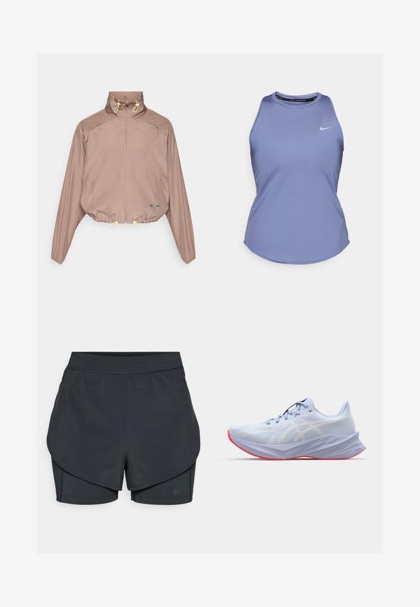 Light brown cropped jacket with a high collar, zip closure, yellow drawcords, and elastic cuffs. Smooth, textured fabric with side pockets.; Purple athletic tank top with a round neckline and sleeveless design. Features a small Nike logo in white on the left chest. Smooth texture.; Black athletic shorts with a layered design, featuring a smooth outer layer and fitted inner shorts. Made of lightweight, stretch fabric.; Light blue athletic shoe with a textured mesh upper, white logo accents, a cushioned sole, and a pink outsole. Features a sleek, ergonomic design.