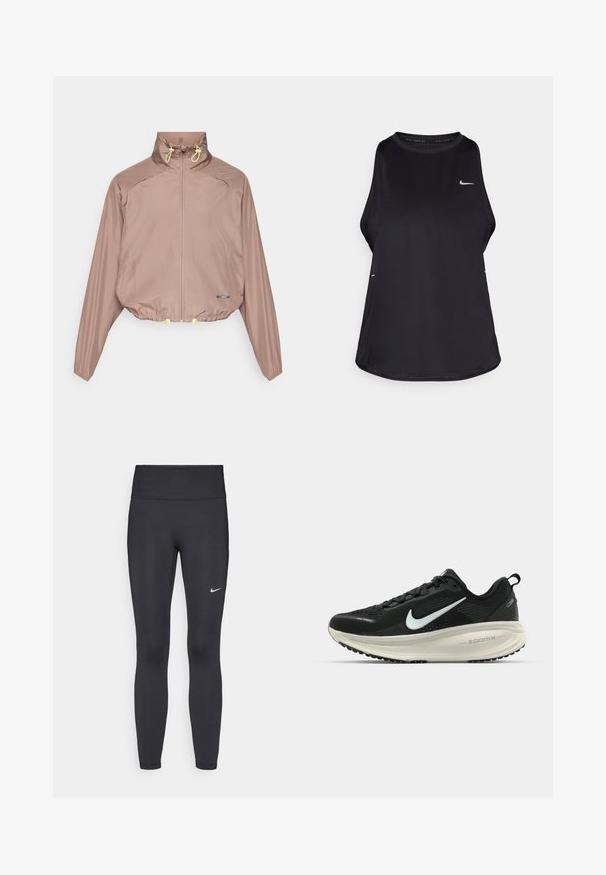 Jacket curta de cor castanho claro com gola alta, fecho de zip, cordões amarelos e punhos elásticos. Tecido liso e texturizado com bolsos laterais.; Top de corrida sem mangas de cor preta, feito de material leve com decote redondo; apresenta um logotipo subtil e aberturas laterais para respirabilidade.; Leggings pretos feitos de tecido elástico, com uma cintura alta e um logo branco da Nike na coxa esquerda. Textura suave, design ajustado ao corpo.; Sapatilha de corrida Nike preta com parte superior de malha respirável, logotipo Swoosh branco, detalhes texturizados e uma entressola ZoomX na cor creme.