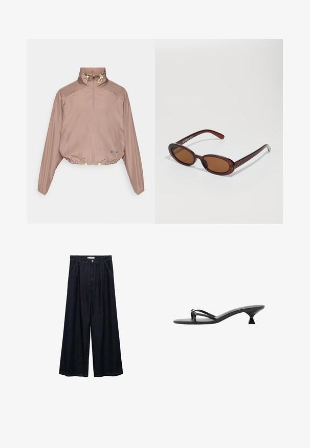 Svijetlo smeđa skraćena jakna s visokim ovratnikom, zatvaranjem na patentni zatvarač, žutim ušicama i elastičnim manžetama. Glatka, teksturirana tkanina s bočnim džepovima.; Sivi dolgih rokavov s krožnim ovratnikom, ki ima bel rob na ovratniku in manšetah. Narejen iz mehkega, teksturiranega materiala.; Temno jeans hlače širšega kroja z visokim pasom, ki imajo sprednje zapiranje na gumb, dve stranski žepu in detajle v šivanju.; Črne sandale na visoki peti z eleganco, tankimi trakci in edinstveno tristransko peto. Gladka tekstura z minimalističnim videzom.; Okrogle, rjavo obarvane sončne naočare z sijočim burgundskim okvirjem. Tanek nosilec s subtilnim logotipom. Oblika leč je ravna.