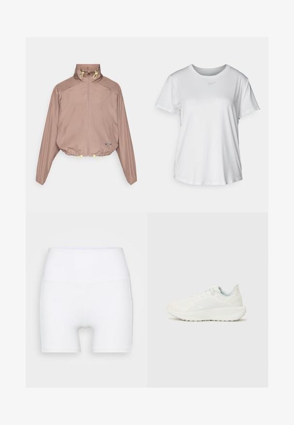 Lichtbruine korte jasje met een hoge kraag, rits sluiting, gele trekkoorden en elastische manchetten. Gladde, gestructureerde stof met zijzakken.; Witte T-shirt met korte mouwen van gladde stof, met een ronde halslijn en een klein grijs Nike-logo op de borst.; Witte hoge taille shorts van rekbare stof. Kenmerken een gladde textuur en een aansluitend ontwerp, zonder extra patronen of hardware.; Witte sportschoenen met een gestructureerde bovenkant, gevoerde kraag en vetersluiting. Voorzien van een gebogen buitenzool en subtiele branding aan de zijkant.