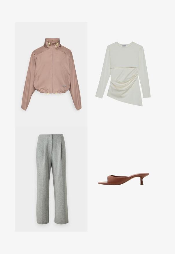 Svijetlosmeđa skraćena jakna s visokim ovratnikom, zatvaranjem na patentni zatvarač, žutim žicama za podešavanje i elastičnim manžetama. Glatka, teksturirana tkanina s bočnim džepovima.; Dugi rukav kremasta bluzica s okruglim izrezom, koja sadrži višeslojni dizajn i nabranu detalj na donjem dijelu. Mekani materijal s glatkom teksturom.; Sive hlače visokog struka od mekog, teksturiranog materijala. Imaju dva prednja nabora i ravne nogavice, s kopčanjem na gumb.; Smeđe sandale s otvorenom nožnom prstom i potpeticom, s glatkom, mat završnom obradom, koje imaju zakrivljen dizajn i prozirnu, suženu potpeticu.
