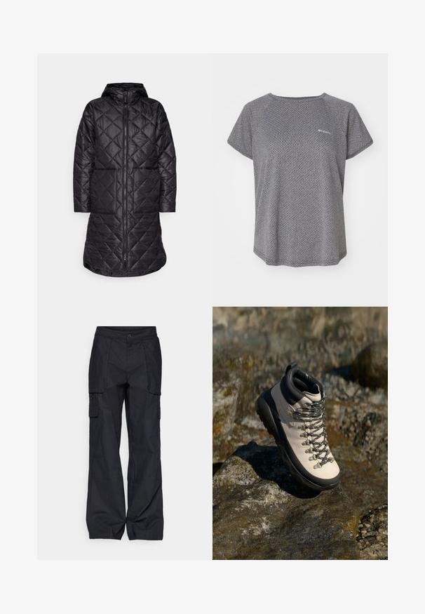 Schwarzer, gesteppter langarmiger Mantel mit Kapuze, der einen Frontreißverschluss und zwei seitliche Taschen aufweist. Hergestellt aus einem leichten, glänzenden Stoff mit einem strukturierten Muster.; Graues Kurzarmshirt mit einem subtilen Strukturmuster, Rundhalsausschnitt und Columbia-Logo auf der Brust. Weicher Stoff, lässige Passform.; Columbia BREA FALLS™ COTTON RIPSTOP PANT - Outdoor-Hose - black; Hellbeige Wanderschuhe mit einer schwarzen Gummisohle, flexiblem Obermaterial, Metallösen und grauen Schnürsenkeln, platziert auf einer felsigen Oberfläche.