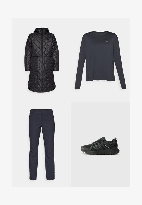 Svart vadderad långkappa med huva, med en dragkedja framtill och två sidofickor. Tillverkad av ett lätt, glänsande fabric med ett texturerat mönster.; Mörk långärmad T-shirt i texturerad tyg, med rund halsringning och en liten vit logotyp på vänster bröst.; Marina blå byxor i slät tyg, med framknäppning, slim-fit design och veckade detaljer vid knäna.; Columbia PEAKFREAK - Hikingskor - black