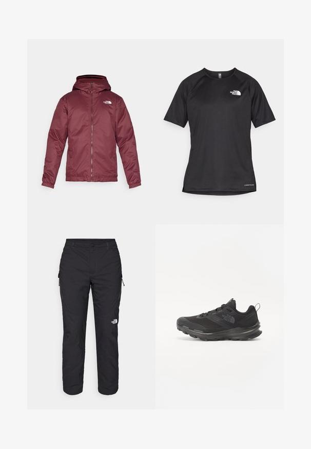 The North Face M QUEST INSULATED JACKET - Téli dzseki - alpine plum/dark heather; Fekete, rövid ujjú sportpóló struktúrált anyagból, bal mellen fehér logóval és egyenes aljjal.; The North Face WINTER EXPLORATION TAPERED CARGO - Szabadtéri nadrágok - black; Fekete sportcipő hálós felsőrésszel, gumitalppal és párnázott gallérral. Fűzős, oldalán logóval és textúrázott dizájnnal rendelkezik.