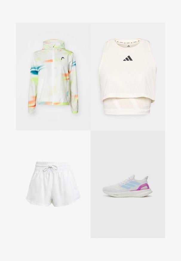 Lehká bunda s kapucí v bílé barvě s barevným abstraktním vzorem v zelené, modré a oranžové. Obsahuje přední zip a elastické manžety.; Bílý sportovní crop top vyrobený z prodyšného materiálu. Má kulatý výstřih, perforovanou texturu a černé logo na přední straně.; Bílé sportovní kraťasy s elastickým pasem a nastavitelnou šňůrkou. Vyrobené z lehkého materiálu, s bočními kapsami a volným střihem.; adidas Performance PUREBOOST 5 - Silniční běžecké boty - white/glow blue/purple burst