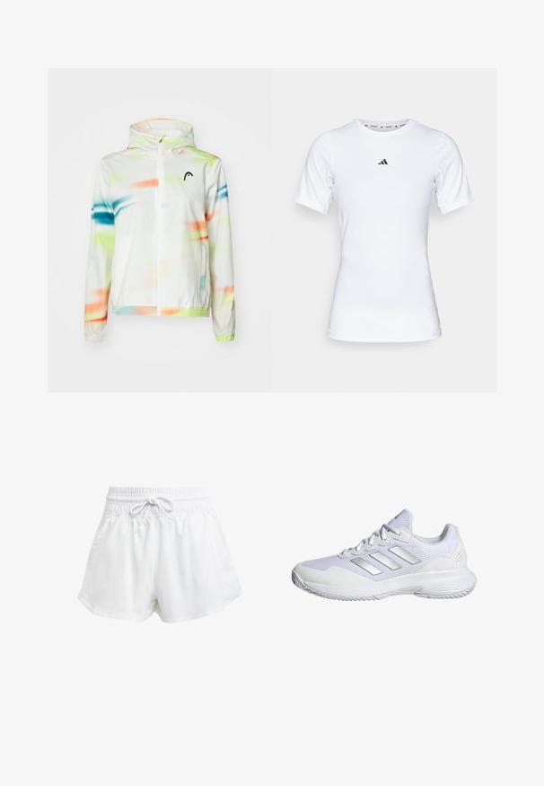 Jachetă ușoară cu glugă, de culoare albă, cu un model abstract colorat în nuanțe de verde, albastru și portocaliu. Dispune de un fermoar frontal și manșete elastice.; Cămașă sport albă cu mâneci scurte, realizată dintr-un material neted și elastic. Prezintă un mic logo Adidas negru pe piept.; Shorts albi sportivi cu talie elastică și șnur ajustabil. Fabricate dintr-un material ușor, cu buzunare laterale și o croială largă.; Pantofle atletice albe cu partea superioară din plasă, panouri texturate și accente argintii. Dispune de o talpă căptușită și un design cu vârf rotund.
