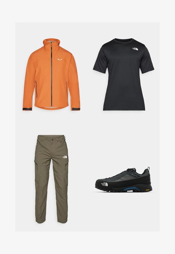 Oranžs ūdensnecaurlaidīgs džakets ar iecirtinātu priekšu, augstu apkakli un divām sānu kabatām. Ietver melnus akcentus pie piedurknēm un mazu logotipu uz krūšu.; Melnā īsās piedurknes T-kreklā, izgatavotā no viegla, mitrumu uzsūcoša auduma. Tam ir balts logo kreisajā krūtīs un apaļa kakla izgriezums.; Olīvu zaļas āra bikses, kas izgatavotas no viegla auduma, ar kravu kabatām, rāvējslēdzēju akcentiem un logotipu uz augšstilba.; The North Face VERTO ALPINE GORE TEX - Pārgājienu apavi - asphalt grey/tnf black