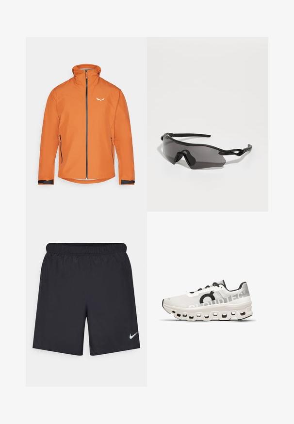 Oranz värviga veekindel jope, millel on tõmblukuga eesmine osa, kõrge kaelus ja kaks külgtaskut. Omaduseks mustad detailid varrukatel ja väike logo rinnas.; Valge ilma varrukateta Nike jooksmise topp ümmarguse kaelusega, siledast materjalist, ning must Nike logo vasakul rinnal.; Mustad mustikud lühikesed püksid, mis on valmistatud kergest materjalist ja millel on elastne vöökoht. Alumisel vasakul küljel on väike valge Nike logo.; Valge jooksujalats, millel on võrkkiust pealne, mustad aktsendid, pehmendusega tald, millel on kuusnurksete avade mustrid, ja "CLOUDTEC" bränding.; Spordiprillid, millel on täielikult ümbritsev must plastraam, tume tintustatud läätsed ja eristuv nurkne disain. Paindlikud kõrvetoed mugavuse tagamiseks.