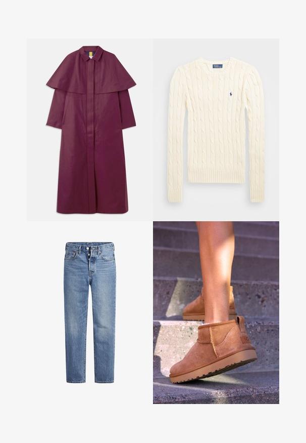 Purple, long coat with a structured cape design, collar, and front zipper. Made of a smooth material with a solid texture.; Cream cable-knit sweater with long sleeves, ribbed cuffs and hem, featuring a small embroidered logo on the left chest.; Light blue denim jeans with a straight cut, five-pocket design, and a button fly. Features subtle fading and orange stitching accents.; Tan suede ankle boots with a soft texture, stitched detailing, and a rubber sole, featuring a looped heel for easy wear.