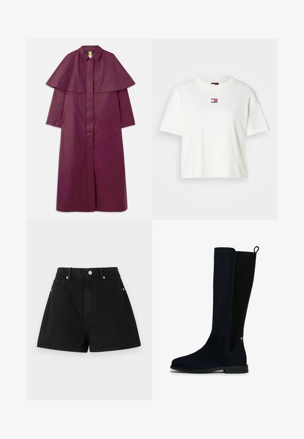 Purple, long coat with a structured cape design, collar, and front zipper. Made of a smooth material with a solid texture.; White cotton t-shirt with a crew neckline and short sleeves. Features a small color logo patch with red, blue, and white accents on the chest.; Black denim shorts with a high waist, five pockets, silver hardware, and a standard fit, featuring a smooth texture and clean finishing.; Tall black suede boot with ribbed elastic back panel, pull tab, low heel, and small rectangular logo near the ankle on a white background.