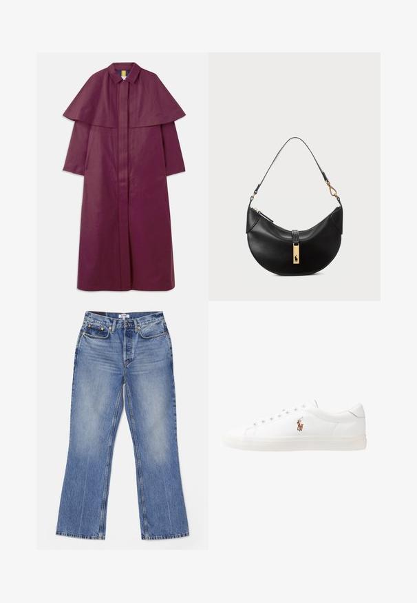 Purple, long coat with a structured cape design, collar, and front zipper. Made of a smooth material with a solid texture.; White cotton polo shirt featuring a classic collar, short sleeves, and a navy blue embroidered logo on the left chest. Five-button placket.; RE/DONE LOOSE - Bootcut jeans - hacienda; White leather sneakers, low-top design, featuring a smooth texture, round toe, laced front, and a small embroidered logo on the side.; Black leather handbag in a half-moon shape. Features a gold hardware accent and a narrow strap. Smooth texture, zipper closure at the top.