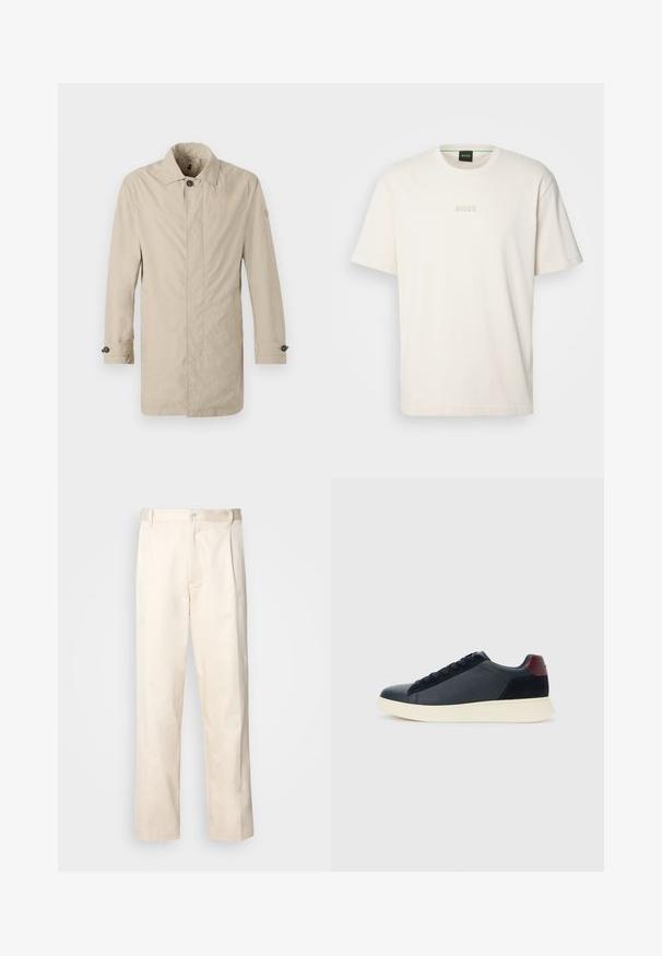 Beženi kišni kaput ravnog kroja, s kopčanjem na dugmad, dugim rukavima, bočnim džepovima i malim logotipom na rukavu. Lagana tkanina sa glatkom teksturom.; BOSS TEE - Osnovna majica kratkih rukava - open white; Bežaste pamučne hlače ravnog kroja s kopčanjem na dugme i plisiranjima sprijeda za dodatni detalj.; Niske muške tenisice od crne kože i antilopa s bordo petnom oznakom i bijelim gumenim potplatom, prikazane s vanjske strane.