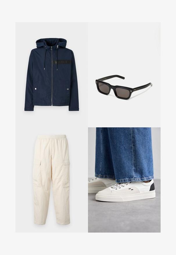 Mørkeblå hættejakke lavet af letvægtsmateriale, med frontlynlås, to sidelommer og et sort logo bånd på brystet.; Grå kortærmet T-shirt lavet af blødt, struktureret stof. Har en klassisk rund hals og en lige kant, velegnet til afslappet brug.; Beige cargo-bukser med elastisk talje, der har to sidelommer og et blødt, let stof. Krøllet tekstur.; Hvide og sorte sneakers med en glat læderoverdel, teksturerede detaljer og en kraftig hvid sål. Har et klassisk snørebåndsdesign.; Sorte rektangulære solbriller med mørke glas, tyk plastisk ramme, guldtryk på stængerne og brandlogo indgraveret på armen.