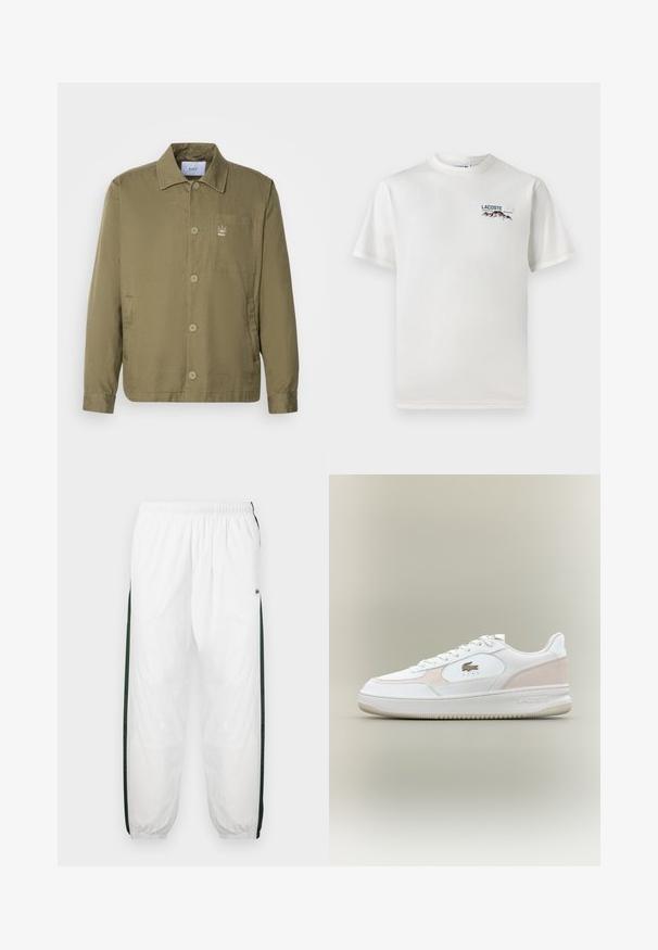 Oliven grønn jakke i lett, glatt stoff. Har krage, knappestolpe, en lommepatch og en liten logo på brystet.; Hvit bomull T-skjorte med rund hals, korte ermer, og en liten brodert logo med fjell og tekst på venstre bryst.; Hvite joggebukser med mørkegrønne sidelommer. Lett materiale, elastisk midje og mansjetter ved buksebenene. Har mesh-struktur på sidene.; Hvite joggesko med glatt læroverdel, semsket detaljer og gummisåle. Har preget logo og snøring. Minimalistisk estetikk.