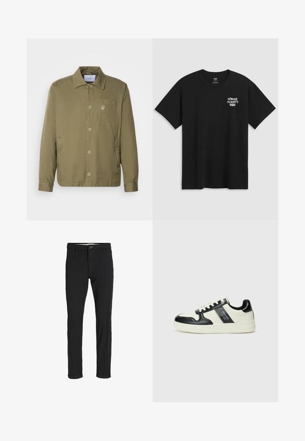 Oliven grøn jakke i et let, glat materiale. Har en krave, knaplukninger, en lomme på brystet og et lille logo på brystet.; Sorte bomulds t-shirt med et brysttryk, der står "HOUSE PLANTS" i hvid stiliseret skrift med "Levi's" nedenunder. Klassisk rund halsudskæring.; Sorte bomuldsblandede bukser med slim fit, der har en knaplukning, lommer og opbrugte stumper for et afslappet udtryk.; Lædersneakers i sort og creme farveskema, med perforerede detaljer, en polstret krave og en struktureret ydersål.