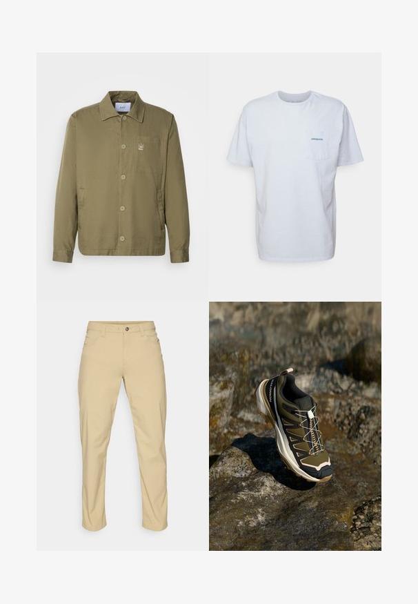 Jachetă de culoare verde măslin dintr-un material ușor și neted. Prezintă o guler, închideri cu nasturi, un buzunar tip patch și un mic logo pe piept.; Tricou alb din bumbac cu mâneci scurte, guler rotund și un buzunar pe pieptul stâng, având un logo albastru "Patagonia". Croială clasică cu o textură netedă.; Patagonia QUANDARY PANTS - Pantaloni outdoor - classic tan; Ghete de drumeție în verde măsliniu și negru cu accente roz. Caracteristici: un material texturat în partea superioară, o talpă flexibilă, o vârful întărit și un sistem de șireturi colorate.