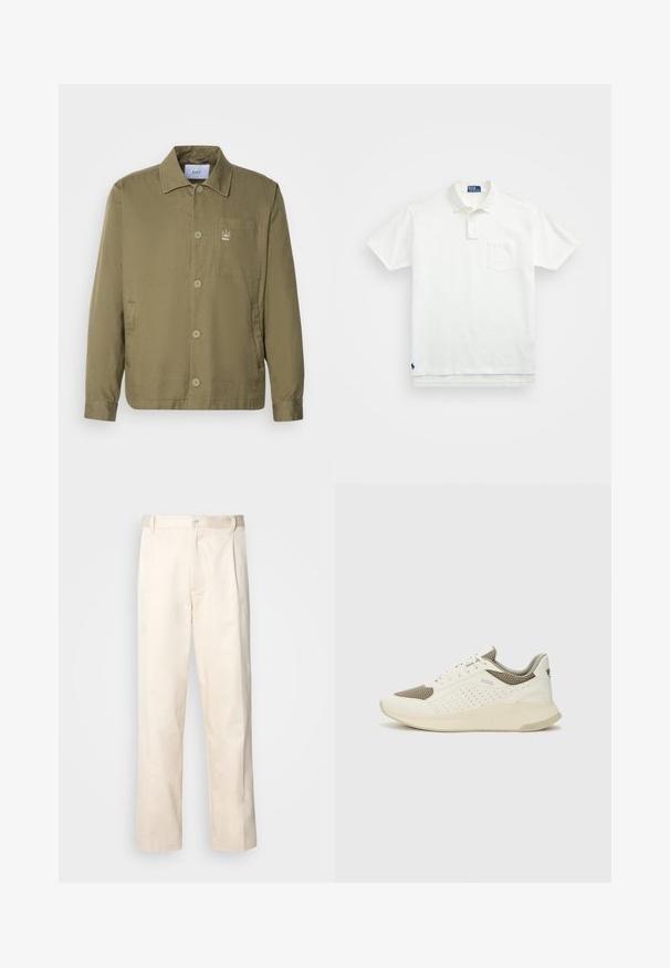 Olive roheline jakk kerget, siledast kangast. Omab kraed, nööpe, plaaster taskut ja väikest logo rinnal.; Valge polo särk, mis on valmistatud puuvillast, klassikalise kraega, kolme nööbiga kinnitusega ja vasakul rinnal taskuga; väike logo helmel.; Beesidised puuvillased püksid sirge jala lõikega, mis on varustatud nööpkinnituse ja ees olevate voltidega, et lisada detaili.; Valge ja heledat beeži värvi spordijalats, millel on õhuke võrkmaterjal, perforatsioonidega detailid ning tekstuuriga vahetald, millel on brändi logo kannaosas.