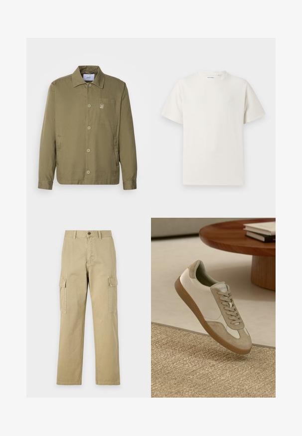 Olive roheline jakk kerget, siledast kangast. Omab kraed, nööpe, plaaster taskut ja väikest logo rinnal.; Valge lühikeste varrukatega T-särk ribakudumises. Ümar kaelus, mugav lõige, nähtavad mustrid ega aksessuaarid puuduvad. Lihtne ja mitmekesine disain.; Beige cargos, mis on valmistatud puuvillast, sisaldavad kahte küljetaskut, nööbiga sulgemist ja sirgeid jalgu, millel on kergelt tekstureeritud kangas.; Kerge jooksutoss, millel on valgest nahast ülemine osa beezide seemisnahkdetailide ja ümmarguse varbaga, ning tekstureeritud pruun kummitald.