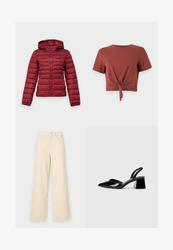 Red puffer jacket with a hood, featuring quilted design, full front zipper, and elasticized cuffs for added warmth.; Rust-colored cropped t-shirt in soft cotton with short sleeves and a knotted front detail. Smooth texture, round neckline.; Beige wide-leg jeans made of cotton. Features a button closure, belt loops, and front pockets with a smooth, soft texture.; Black patent leather slingback heels with a pointed toe and a geometric block heel. Features a sleek, minimal design and smooth texture.