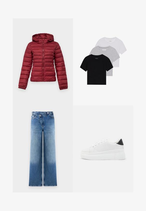 Punane puffjakks, millel on kapuuts, jätkub tikandiga disain, täispikk lukuga esikülg ja elastsed varrukad lisasoojuse saavutamiseks.; Kollektsioon kolm lühikese varrukaga T-särki mustas, hallis ja valges värvitoonis. Valmistatud puuvillast, ümmarguse kaelusega ja lihtsa, ühevärvilise disainiga.; Heledad sinised laiad püksid, millel on kulunud pesu, klassikalise viie taskuga disain ja metallnupukillad vööl.; Valged platvormsneakerid, mis on valmistatud siledast sünteetilisest materjalist, ovaalse toe, paelkinnise disaini ja tekstuurse kummitaldiga. Must kontsrihm.