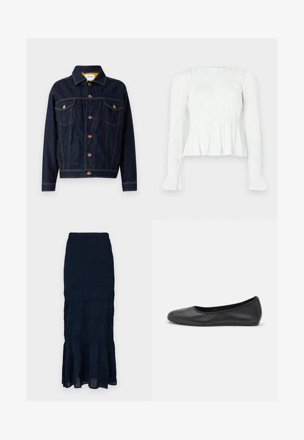 Jachetă din denim albastru închis, dotată cu hardware cuprat, două buzunare la piept, croială dreaptă și detalii de cusătură vizibile. Design clasic al gulerului.; Bluza albă cu mâneci lungi, cu detalii din material adunat, corset cu smocuri și manșete evazate, pe un fundal simplu.; Fustă midi bleumarin, cu pliuri smocate, tiv stratificat cu volane și țesătură texturată. Talie elastică pentru ajustare confortabilă.; Balerini din piele neagră, cu vârf rotund, textură netedă, detalii de cusătură minimale și un design al tălpii flexibil.