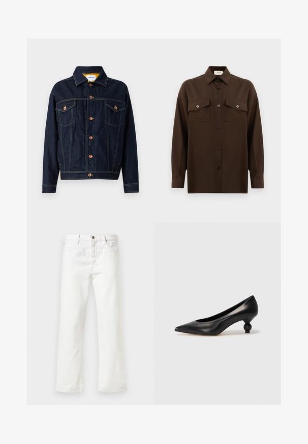 Giacca di jeans blu scuro con dettagli in rame, due tasche sul petto, taglio dritto e cuciture visibili. Design con colletto classico.; Camicia marrone scuro a maniche lunghe con bottoni, dotata di due tasche a pattina sul petto e colletto classico, mostrata su uno sfondo bianco uniforme.; Jeans in denim bianco con un design a gamba dritta, caratterizzati da una chiusura con bottone e uno stile a cinque tasche. Tessuto liscio e dettagli minimi.; Scarpa con tacco alto in pelle nera, con punta affilata e tacco arrotondato e bombato. Texture liscia con un design elegante e minimalista.