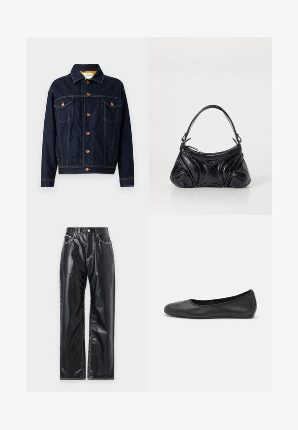 Tumedat siniset teksajakk, mis on varustatud vasksete detailidega, kahe rinna taskuga, sirge lõikega ja nähtavate õmbluse detailidega. Klassikaline kraede disain.; Must lühikeste varrukatega t-särk, mille pinnal on tekstuuriga ringide ja lillemotiivide muster. Ümar kaelus, mille sees on kontrastset värvi brändi logo.; Mustad kunstnahk püksid laia sääre lõikega, valgete õmblustega, esi-taskutega ning kuldse nupuga vöökoha juures.; Musthave mustika tantsutossud mustast nahast, ümmarguse varbaga, siledast tekstuurist, minimaalse õmblusdetailiga ja paindliku tallakujundusega.; Musta kott, mis on valmistatud tekstureeritud nahast ja omab ümarat kuju. Sellel on õhuke õlarihm ja dekoratiivsed reljeefmustrit.