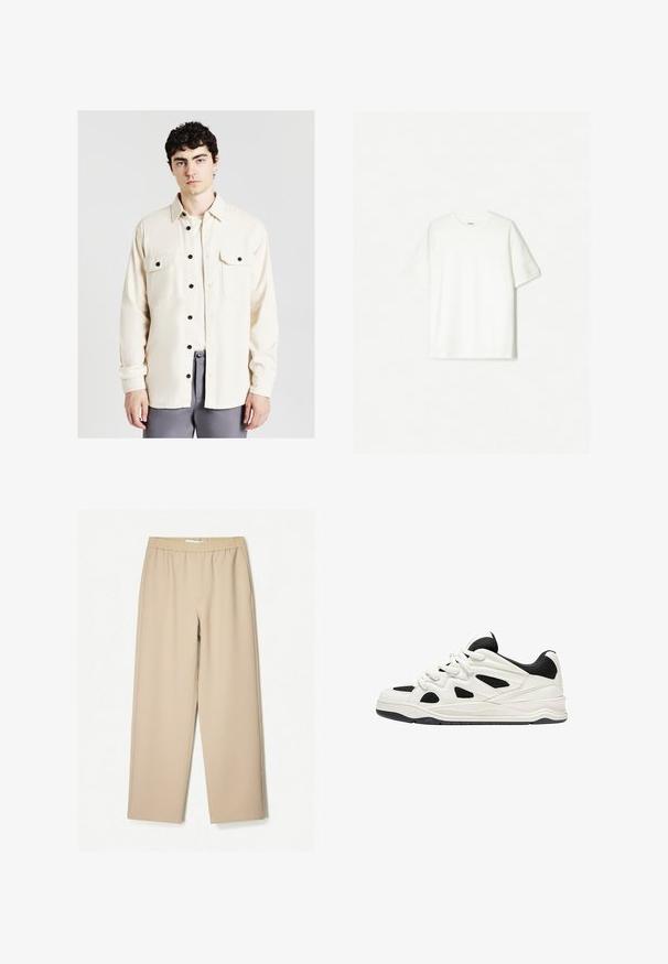 Calliope WORKER - Giacca leggera - white; T-shirt bianco a maniche corte, realizzato in cotone morbido. Design a girocollo con una vestibilità comoda e senza loghi o motivi visibili.; Pantaloni a gamba larga beige con vita elastica, realizzati in tessuto morbido, caratterizzati da una texture liscia e dettagli di cucitura minimi.; Scarpe da ginnastica bianche e nere con suola testurizzata, caratterizzate da intagli sui lati e lacci, e una schiena imbottita per il supporto.