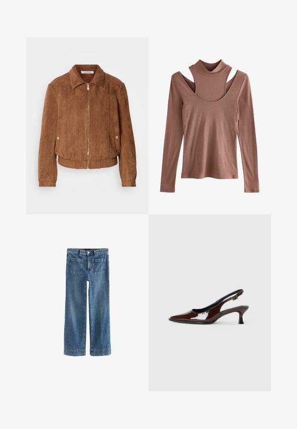 Barna velúr dzseki cipzárral, bordázott aljjal és álló gallérral. Oldalzsebekkel rendelkezik, amelyek nyomógombbal záródnak, és textúrázott felülettel bír.; Hosszú ujjú felső tompa rozsdaszínben, bordázott textúrával, álcázott gallérral és jellegzetes kivágott váll dizájnnal.; Világoskék farmernadrág, széles lábbal, elülső gombos és cipzáras záródással, két elülső zsebbel és két hátsó zsebbel, felhajtható szegéllyel.; Barna lakkbőr slingback cipő hegyes orral és mérsékelt sarkal. Biztonságos illeszkedést biztosító csattal rendelkezik. Sima textúra.