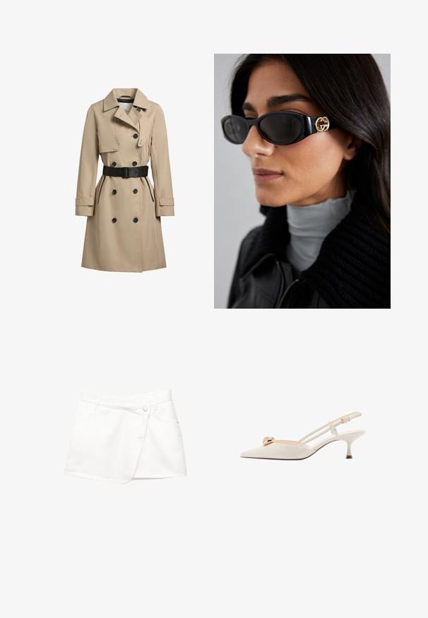 Beżowy trencz z podwójnymi guzikami, czarnymi akcentami, dopasowanym fasonem, szerokimi klapami i paskiem w talii. Teksturowany, wodoodporny materiał.; Biała koszula zapinana na guziki z ostro zakończonym kołnierzykiem, długimi rękawami i małym niebieskim logo na lewej stronie klatki piersiowej. Wykonana z bawełnianej tkaniny.; Biała dżinsowa mini spódnica z fasonem w kopertę, z zapięciem na guziki z przodu, dwoma bocznymi kieszeniami oraz gładkim teksturowanym materiałem.; Kremowy but slingback z wąskim noskiem, cienkimi paskami i złotym akcentem na wierzchu. Posiada niski, wąski obcas.; Czarne okulary przeciwsłoneczne o eleganckim, prostokątnym kształcie z logo w kolorze złotym na boku. Ciemne soczewki i błyszczące wykończenie są wyraźnie widoczne.; Biała skórzana torebka z zapięciem w złotym odcieniu, czarnymi akcentami, odczepianym paskiem na ramię oraz usztywnioną konstrukcją z klapką.