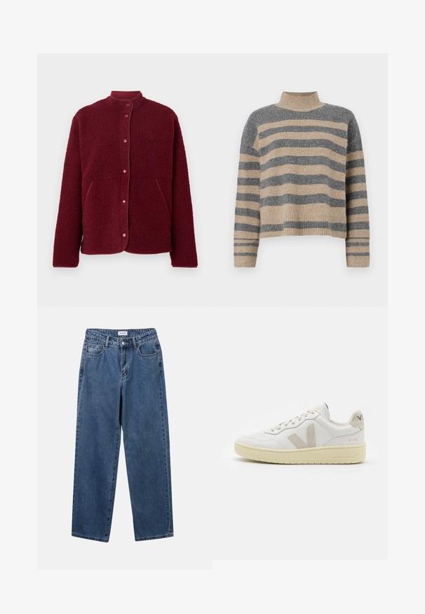 Burgundi spalvos vilnonis džemperis su spaudėmis priekyje, dviem šoninėm kišenėm ir apvaliu apykakle.; Dryžuotas mezginys su pilkos ir smėlio spalvomis, aukštu kaklu, plačiomis rankovėmis su atvartais ir laisvu siluetu, trumpesnio ilgio.; Klasikiniai mėlynos džinsinio audinio džinsai su tiesiomis kojomis, penkiomis kišenėmis ir mygtukų uždarymu. Pasižymi vidutiniu skalbimu ir tvirtu audiniu.; Balti odiniai sportbačiai su kreminiais zomšos akcentais, perforuota pirštų dalimi, plokščiomis raišteliais ir struktūruota kreminėmis padomis. Ant kulno yra subtilus ženklinimas.