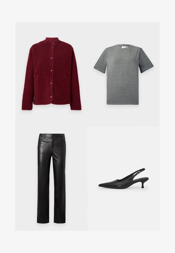 Burgundia fliisjakker, millel on ees nööbiväärised, kaks külgTaskut ja ümar krae.; Hallid, lühikeste varrukatega t-särk, mis on valmistatud pehmest puuvillasegust. Ümmargune kaelus, l relaxed lõige, sile tekstuur ja minimaalne disain.; Musta nahkpüksid sirge lõikega, millel on nööbiga sulgur ja eesmist kotid. Sile tekstuur koos peene tikandiga detailidega.; Mustmustast musta nahast slingback king, millel on terav varvas ja kitsas, kumer konts. Omab diskreetset reguleeritavat rihma metallist pandlaga.