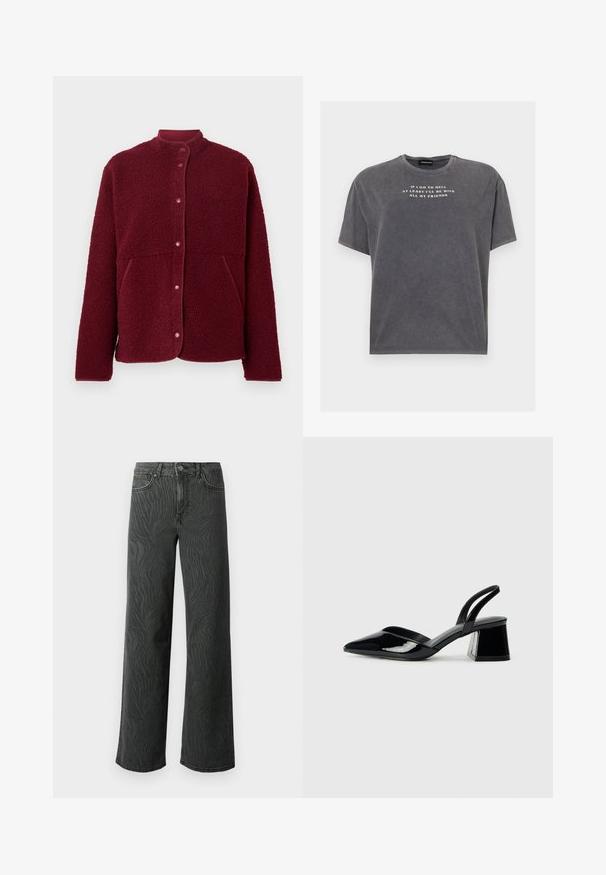 Bordeaux fleecejakke med trykknapper foran, to sidelommer og rund krage.; Even&Odd TONIA TEE - T-shirts med print - black; Vide ben jeans i mørkegrå denim, med en subtil zebra-mønster tekstur, kontrast søm, og fem lommer med knappestol. ; Svarte patentlær slingback hæler med spiss tå og geometrisk blokk hæl. Har et stilrent, minimalistisk design og jevn tekstur.