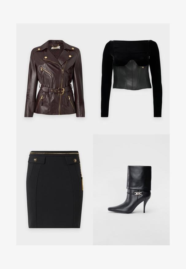 Tamnosmeđi kožni bikerski jaknu sa zlatnim patentnim zatvaračima, dugmadi na preklopot, i odgovarajućim remenom u struku, prikazana na jednostavnoj pozadini.; Crna dugorukava majica s strukturiranim kožnim tijelom glatke teksture, širokim dekolteom i zlatnim dijelom sa strane.; Crna krojena suknja s prednjim džepovima s preklopom, zlatnim dekorativnim dugmadi i tankim zlatnim remenom s rese na desnoj strani.; Crna kožna gležnjača s šiljastim prstom, visokim stiletto potplatom, preklopnim rubom i zlatnom dekorativnom kopčom na gležnju.