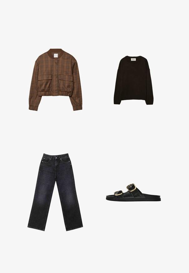 Hnědá kostkovaná bomber bunda s krátkým střihem, ribbovaným límcem, dvěma předními kapsami, elastickým pasem a dlouhými rukávy.; Tmavě hnědý pletený svetr s kulatým výstřihem, spadlými rameny, vroubkovanými manžetami a lemem, s měkkou texturou a volným střihem.; Černé džíny s vysokým pasem a širokým střihem, pět kapsami a viditelným švem. Materiál má hladký, mírně strukturovaný povrch.; Černé kluzné sandály s dvěma zlatými sponami, hladkým texturovaným materiálem, plochou podrážkou a minimalistickým designem.