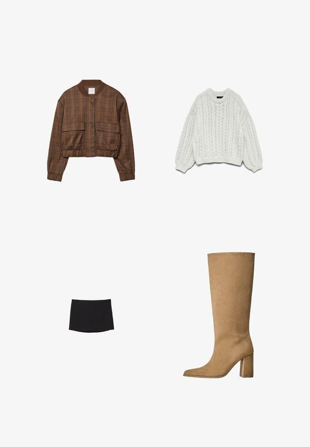 Brun ternet bomberjakke med cropped design, ribbestrikket krave, to forlommer, elastisk talje og lange ærmer.; Hvid strikket sweater med et kabelstrikkemønster, rund halsudskæring og lange ærmer med ribbede manchetter og kant.; Sort miniskørt lavet af glat, strækbart stof; har et lige snit med en subtil kant og ingen synlige lukkemekanismer eller mønstre.; Tan ruskinds knæhøje støvler med blokhæle, der har en spids tå og en glat overflade. Minimalistisk design uden udsmykninger.