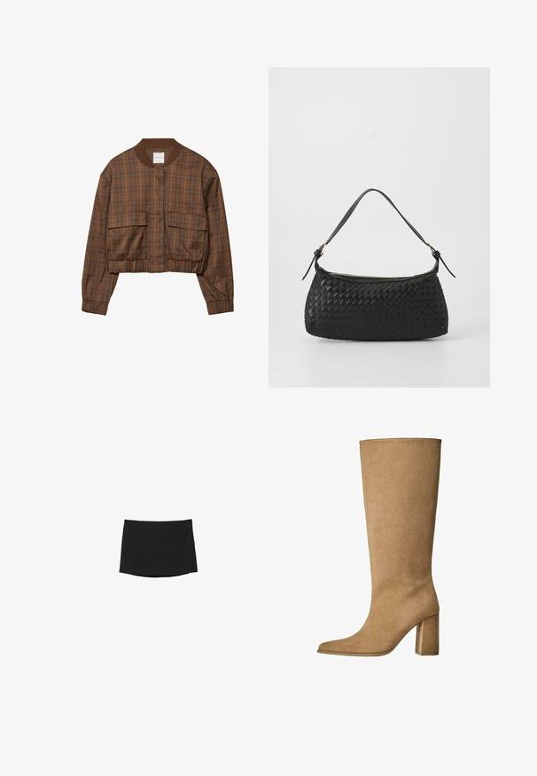 Braune karierte Bomberjacke mit verkürztem Design, geripptem Kragen, zwei Fronttaschen, elastischem Bund und langen Ärmeln.; Weißer Strickpullover mit einem Zopfmuster, rundem Ausschnitt und langen Ärmeln mit gerippten Bündchen und Saum.; Schwarzer Minirock aus glattem, dehnbarem Stoff; mit geradem Schnitt, subtilem Saum und ohne sichtbare Verschlüsse oder Muster.; Hellbraune Wildleder-Stiefel bis zum Knie mit Blockabsatz, spitz zulaufender Zehenform und glatter Textur. Minimalistisches Design ohne Verzierungen.; Schwarze geflochtene Schultertasche mit einem glatten Ledertragegurt und Reißverschluss. Verfügt über eine strukturierte Oberfläche und eine gebogene Form.