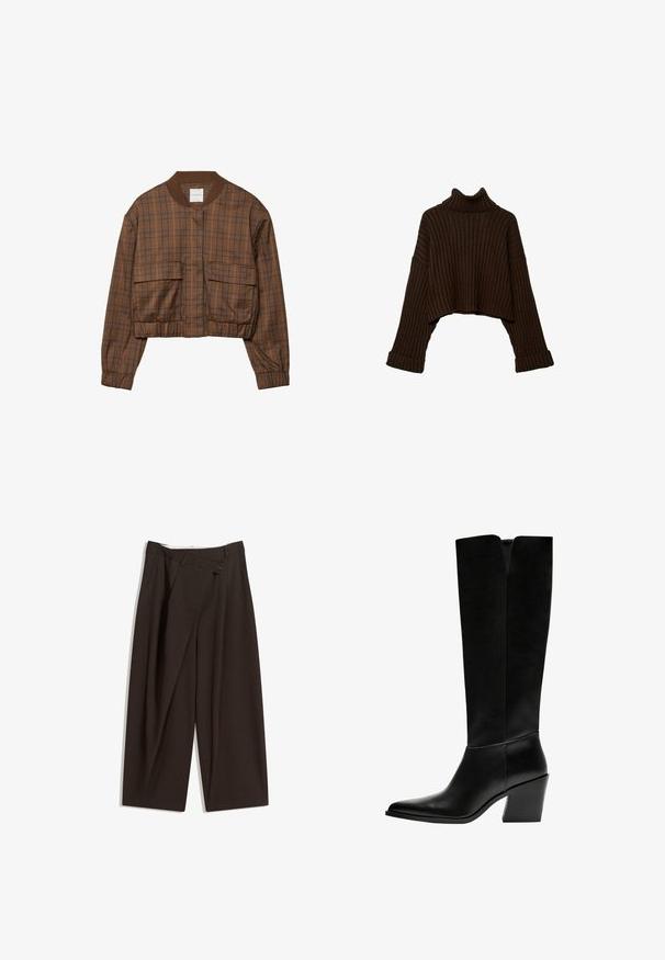Brun ternet bomberjakke med cropped design, ribbestrikket krave, to forlommer, elastisk talje og lange ærmer.; Brun, cropped ribbet turtleneck sweater med lange ærmer og et struktureret strikdesign. Har brede manchetter og en tætsiddende krave.; Mørkebrune brede bukser med høj talje, udstyret med en enkelt knaplukning og en plisseret front. Lavet af letvægtsstof.; Sorte knæhøje støvler lavet af glat læder, med spids tå, blokhæl og en V-formet udskæring foroven.