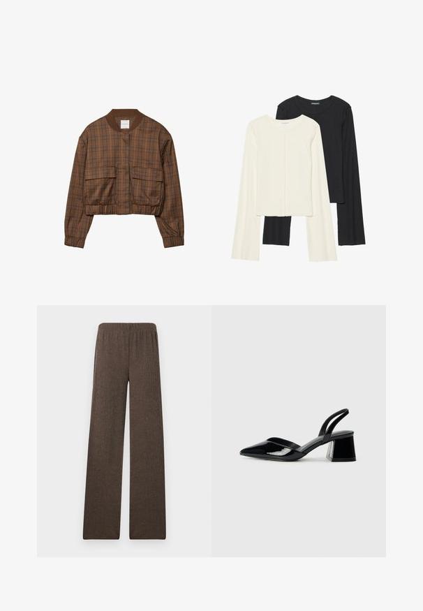 Brun ternet bomberjakke med cropped design, ribbestrikket krave, to forlommer, elastisk talje og lange ærmer.; Sæt med to langærmede toppe i hvid og sort. Ribbet tekstur, rund halsudskæring, tætsiddende design med let udvidede ærmer.; Bredde benbukser lavet af struktureret brunt stof med elastisk talje, der har et lige snit og glat overflade.; Sorte patentlæder slingback hæle med spids tå og en geometrisk blok hæl. Har et elegant, minimalistisk design og en glat tekstur.