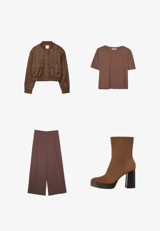 Brown checkered bomber jacket with cropped design, ribbed collar, two front pockets, elastic waistband, and long sleeves.; Brown short-sleeve t-shirt made of soft fabric, with a round neckline and relaxed fit. No visible patterns or accents.; Brown wide-leg trousers with a smooth texture, featuring a high waist and front pleats. The fabric is lightweight and flows loosely.; Brown suede ankle boot with a rounded toe, chunky black striped heel, and a smooth surface. Features a fitted design without visible hardware.
