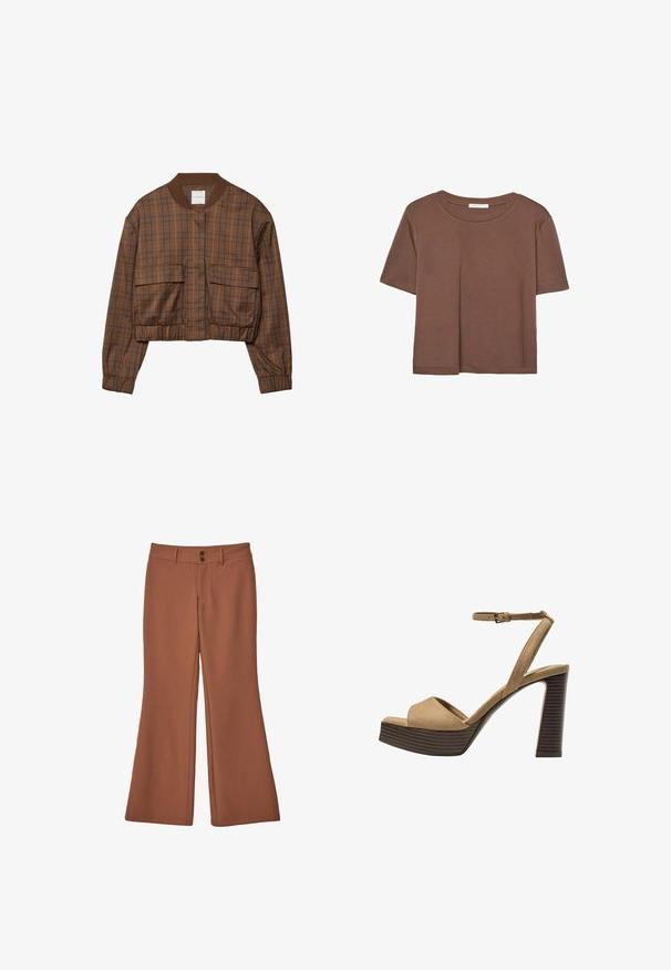 Giacca bomber a quadri marrone con design cropped, colletto a coste, due tasche frontali, vita elasticizzata e maniche lunghe.; Maglietta a maniche corte marrone realizzata in tessuto morbido, con scollatura rotonda e vestibilità rilassata. Nessun motivo o dettaglio visibile.; Pantaloni marroni a zampa d'elefante realizzati in un tessuto morbido. Caratterizzati da due bottoni frontali e una texture liscia senza motivi o decorazioni visibili.; Sandali con tacco alto in suede beige, con una larga fascetta anteriore e una fascetta alla caviglia, dotati di un tacco blocco in legno spesso con una finitura testurizzata.