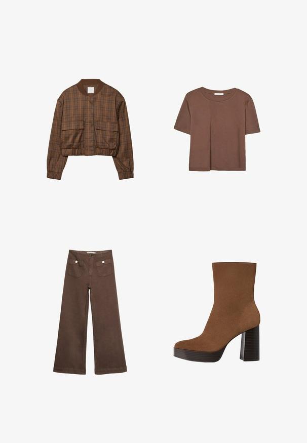 Braune karierte Bomberjacke mit verkürztem Design, geripptem Kragen, zwei Fronttaschen, elastischem Bund und langen Ärmeln.; Braunes, kurzärmliges T-Shirt aus weichem Material mit rundem Halsausschnitt und lockerer Passform. Keine sichtbaren Muster oder Akzente.; Braune weit geschnittene Hosen aus Baumwolle, mit zwei Fronttaschen mit silbernen Knöpfen und einer glatten Textur.; Braunes Wildleder-Ankle Boot mit runder Spitze, klobigem schwarz gestreiften Absatz und glatter Oberfläche. Besitzt ein enganliegendes Design ohne sichtbare Beschläge.