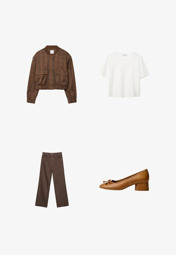 Ruskea ruudullinen bomber-takki, jossa on lyhyt malli, ribbauskaulus, kaksi etutaskua, joustava vyötärö ja pitkät hihat.; Valkoinen lyhythihainen T-paita, joka on tehty puuvillasta. Siinä on pyöreä kaula-aukko ja rento malli. Silkkinen pinta ilman näkyviä kuvioita tai koristeita.; Leviittävät ruskeat farkut, jotka on valmistettu denimistä, korkea vyötärö, etutaskut ja klassinen nappikiinnitys. Silkkinen pinta hienovaraisella ompelutyöllä.; Ruskohvainen nahkakengät, joissa on pyöreä kärki, pieni lohko korko ja koristeellinen nauha. Suora pinta ja minimalistinen muotoilu.