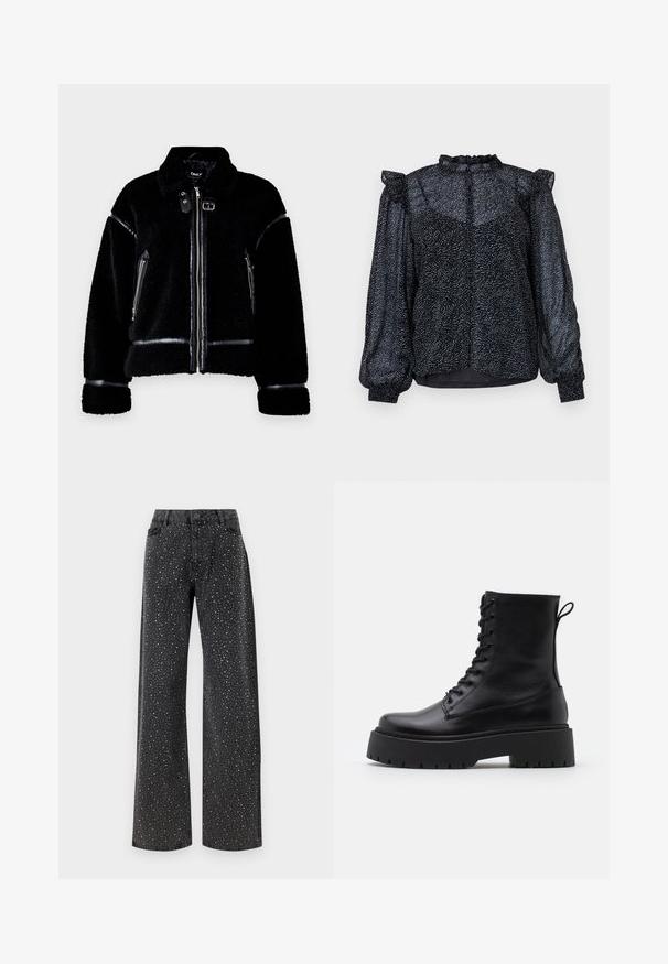 Črna jakna iz ovčjega krzna z zadrgo, umetnimi usnjenimi detajli, žepoma z zadrgo in ovratnikom. Teksturo mehke tkanine in prilagojen kroj.; Črna bluzica z marmoriranim vzorcem, prozorna tkanina, puff rokavi in ruffled ovratnik z gumbom na hrbtni strani.; Noisy May NMJANNEL LOOSE - Široke kavbojke - black denim; Črne usnjene gležnjarje z okroglo konico, vezalnim sprednjim delom in debelim gumijastim podplatom z teksturiranim profilom. Zanka na hrbtni strani.